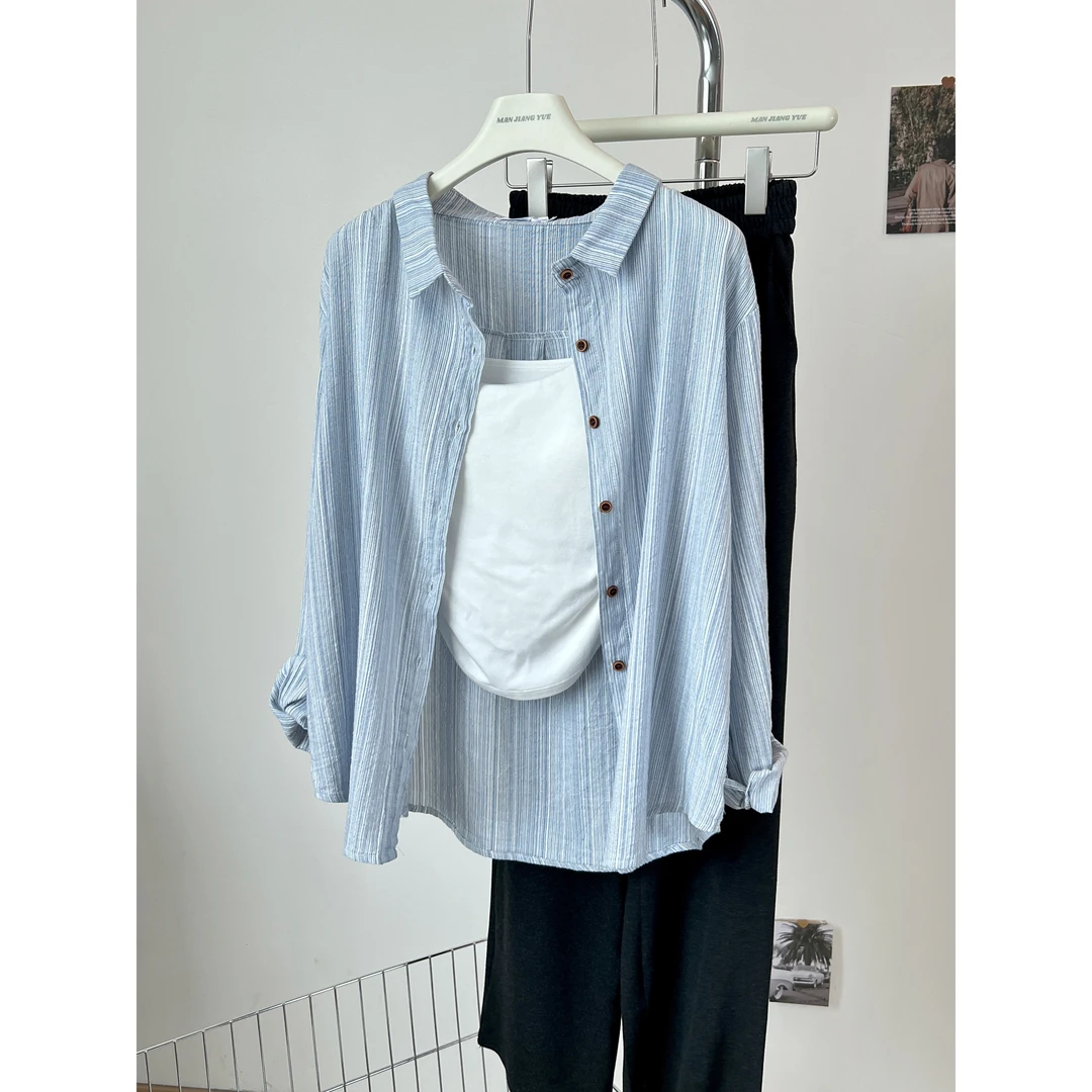 复古条纹长袖衬衫女设计感宽松衬衣开衫小众修身薄款秋季百搭小众