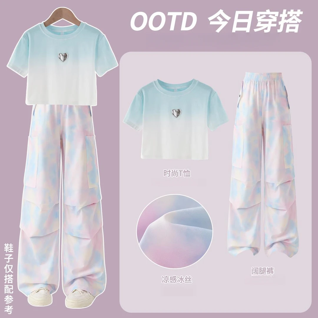 女童夏装套装2025新款儿童夏季洋气时髦运动短袖女大童炸街两件套