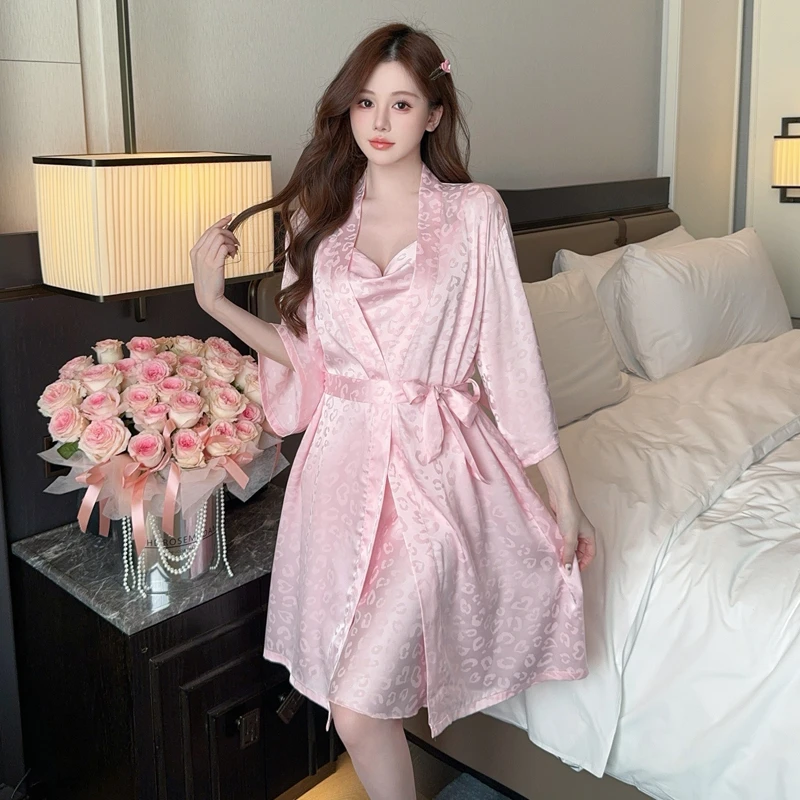 家居服套装秋季韩版豹纹荡领粉色性感春秋纯色睡衣睡袍夏季晨袍