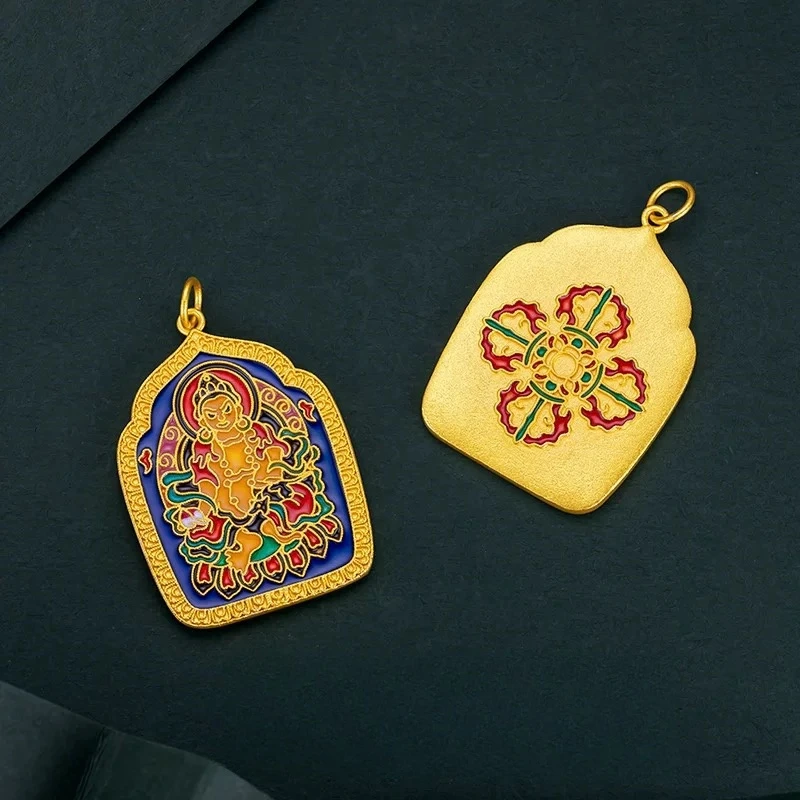 合金吊坠 金店同款古法珐琅烧蓝绿度母吊坠唐卡绿度母黄财神项链