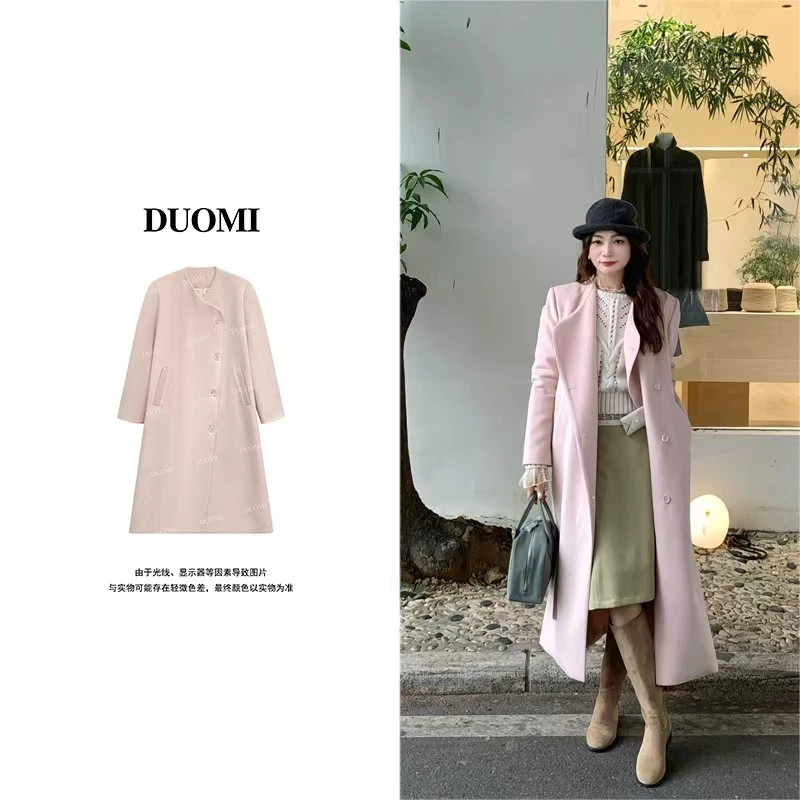 【DUOMI】秋冬季新款女装时尚百搭设计感单排斜扣毛呢大衣外套D7860