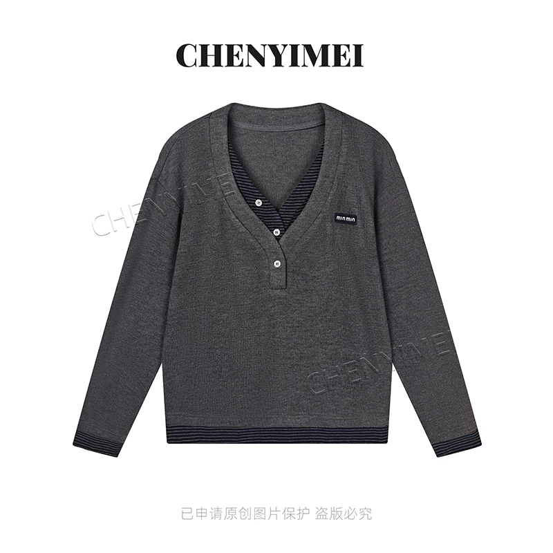 CYM2014设计感撞色显瘦开衫拼色百搭上衣假两件毛针织长袖T恤女