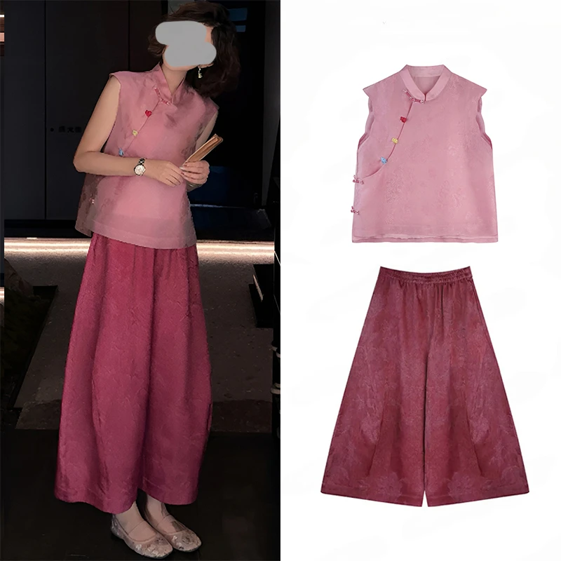 夏季时尚小个子改良中式斜门襟国风玲珑彩扣印花上衣阔腿裤套装女