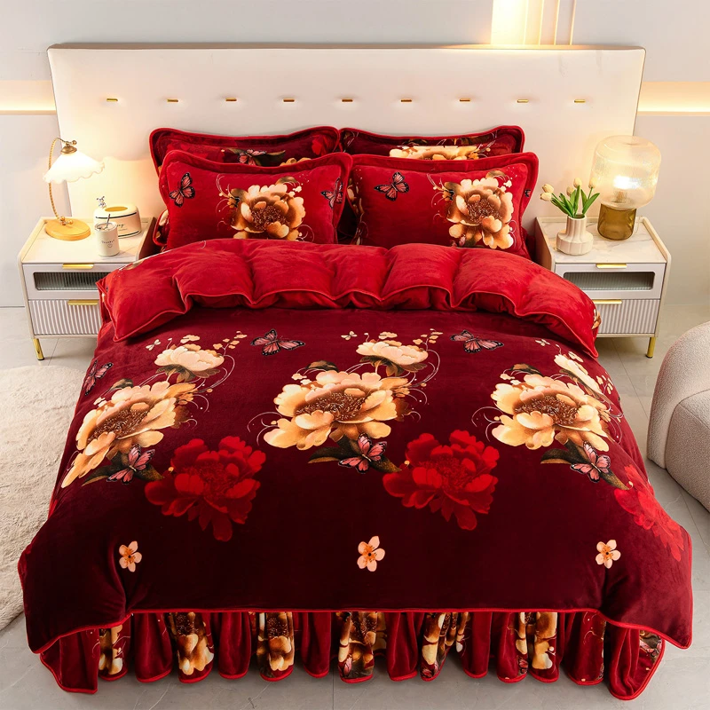 新款牛奶绒四件套床裙款秋冬季加绒被套双面绒加厚保暖床上用品