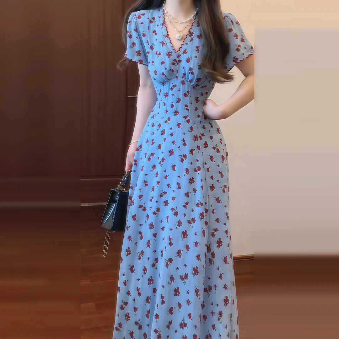 4311法式蓝色碎花巨好看连衣裙子女装夏季2025年新款独特漂亮长裙