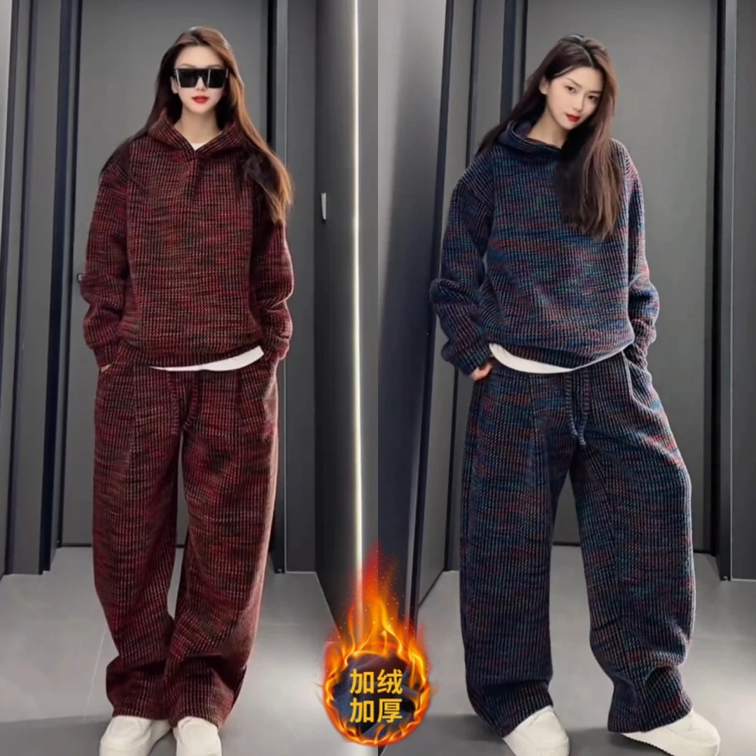 冬季定制情侣款加绒套装免烫抗皱重磅加厚休闲连帽卫衣卫裤两件套