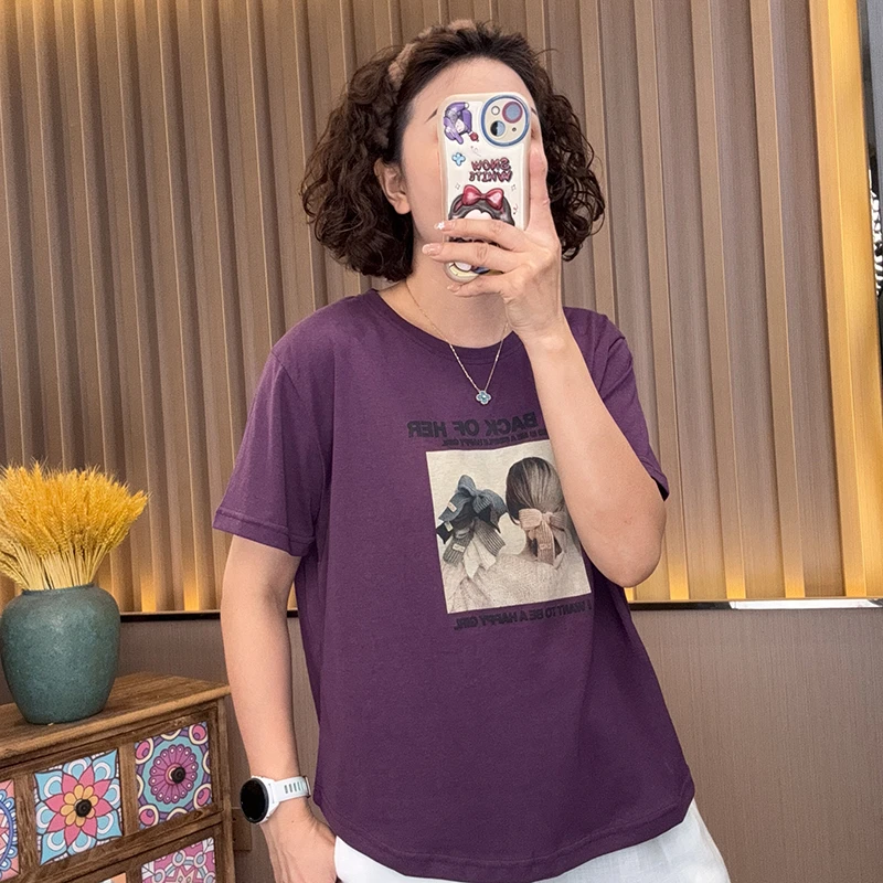 [萍姐推荐]夏款新品宽松休闲气质印花蝴蝶结美女短袖女