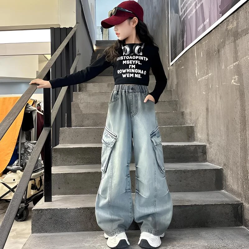 女童炸街大口袋牛仔裤2025中大童春秋时髦潮酷街舞牛仔工装裤6-12