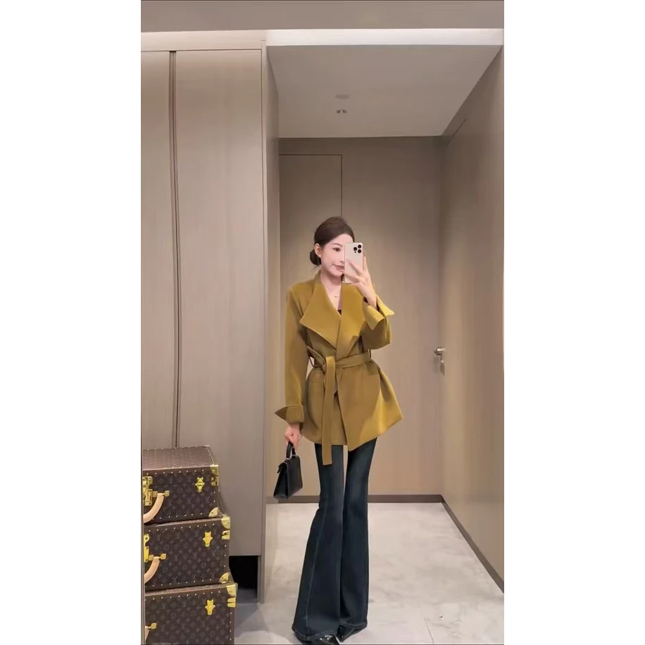 新款欧货老线风设计感小众绑带V领羊毛西装大衣外套