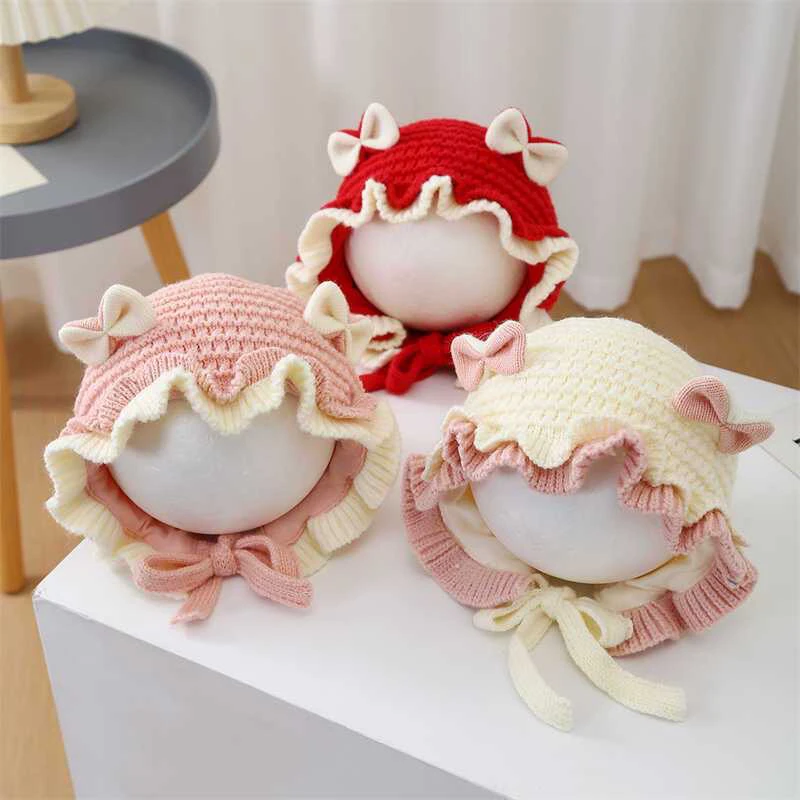 婴儿帽子秋冬款花边毛线帽可爱萌保暖护耳帽女宝宝针织套头帽潮