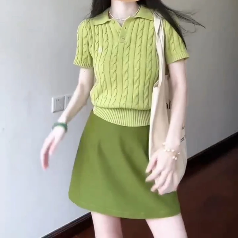 夏POLO领短袖百搭休闲简约针织T恤上衣+绿色半身裙套装LK2504567
