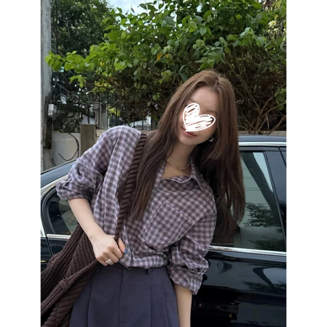 韩版慵懒风格子衬衫休闲翻领宽松长袖上衣Y3716