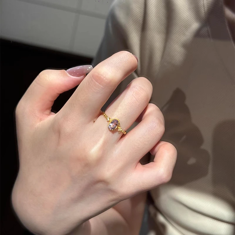 铜合金戒指 紫色鸽子蛋面锆石戒指新中式轻奢复古精致金色食指戒