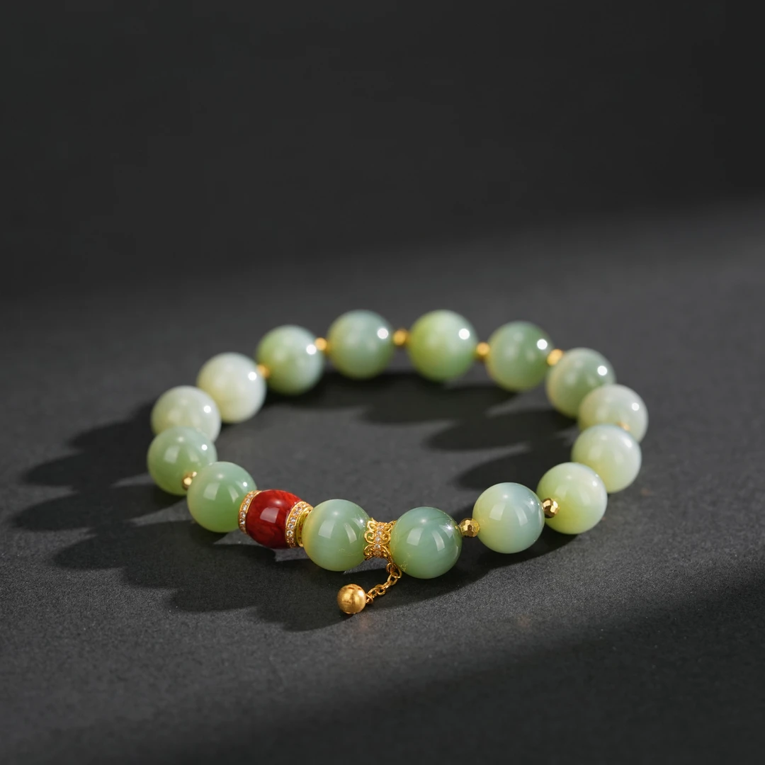 毕业级 和田玉粉青灵动猫眼手串 10mm± 18K金 H17062