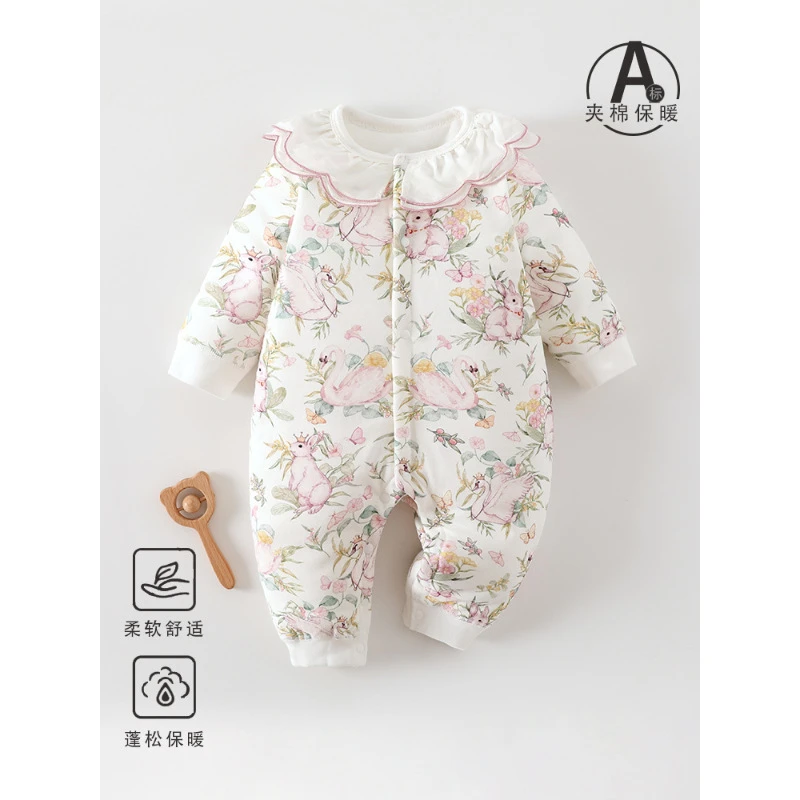 婴幼儿秋冬夹棉A类连体哈衣森系60g棉可爱风对开连体衣