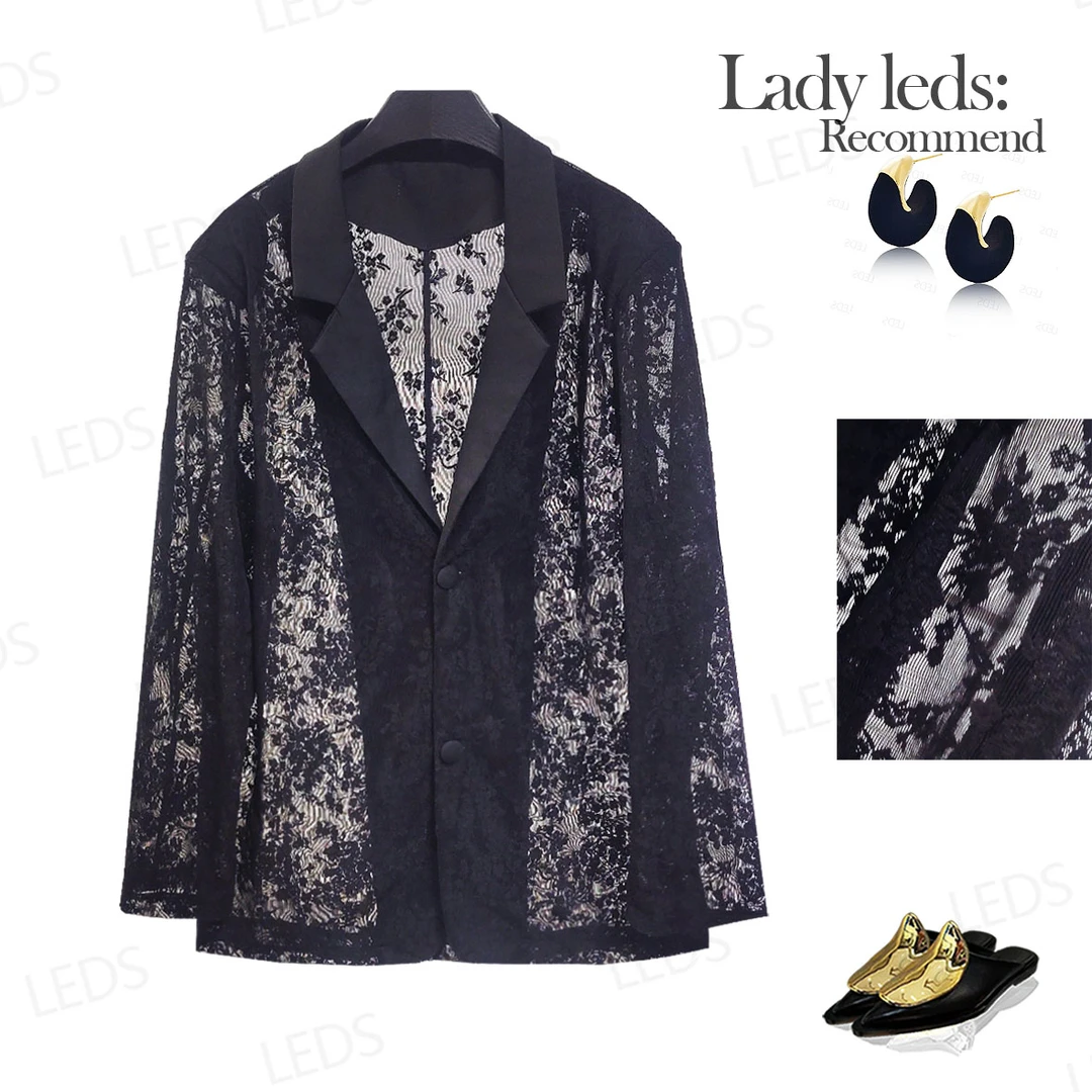 LEDS S630夏季单排扣拼接V领西装百搭镂空蕾丝INS风西服