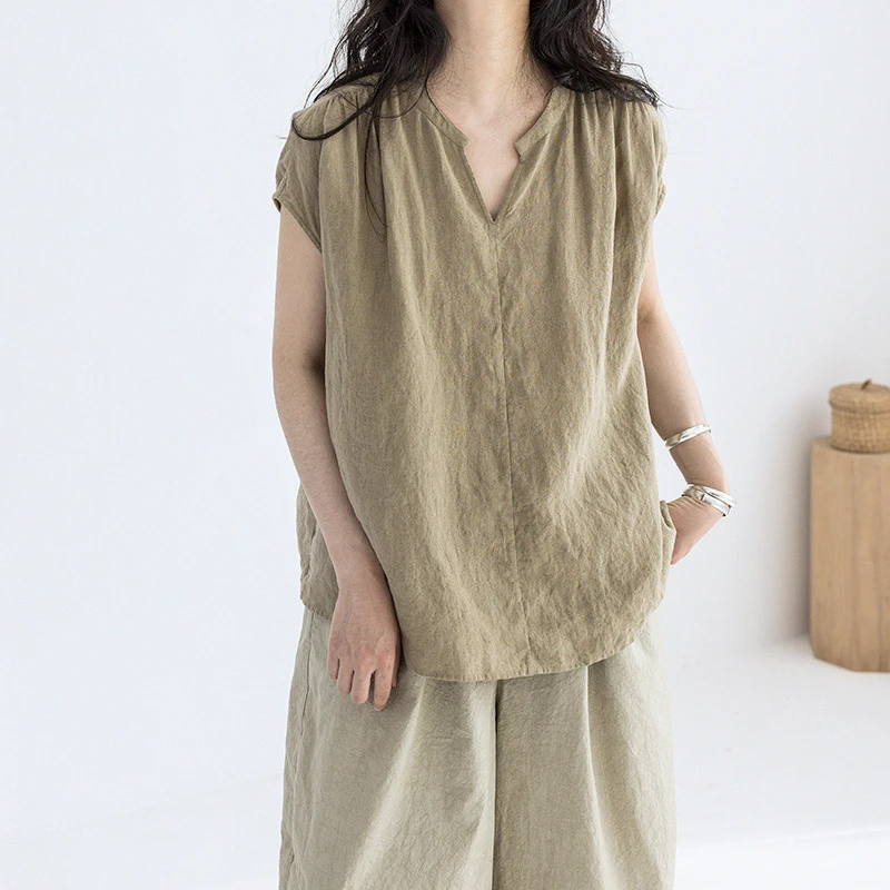 2025夏季进口亚麻面料小V领轻凉宽松气质短袖衬衫女