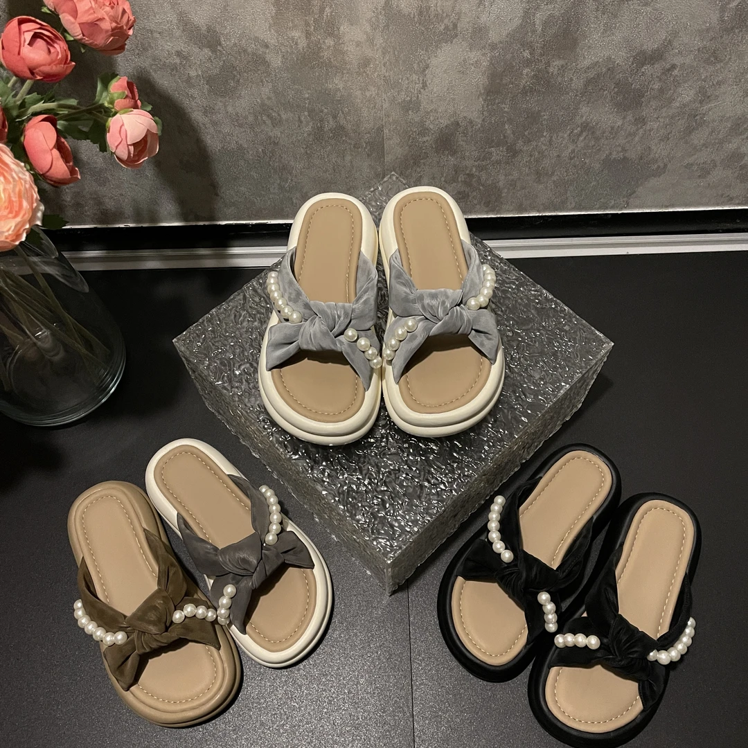 2025夏季新款豹纹蝴蝶珍珠柔软带时尚沙滩外穿厚底舒适拖鞋-5CM