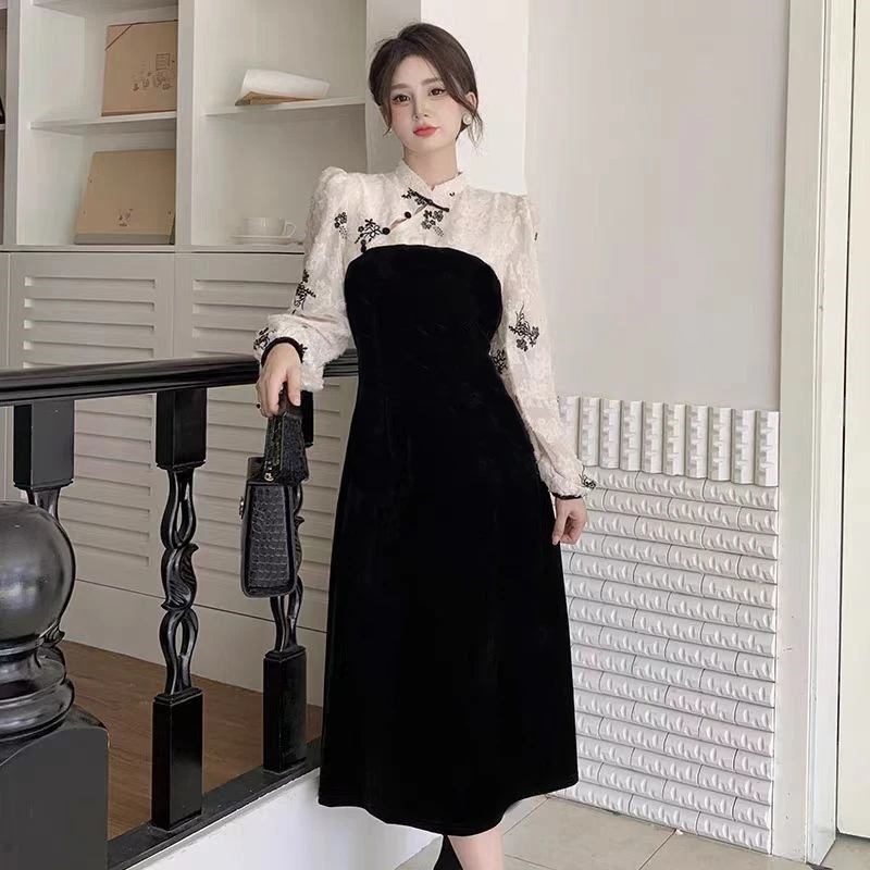 【清货】大码胖MM新中式A字裙法式复古显瘦高腰黑色连衣裙1387