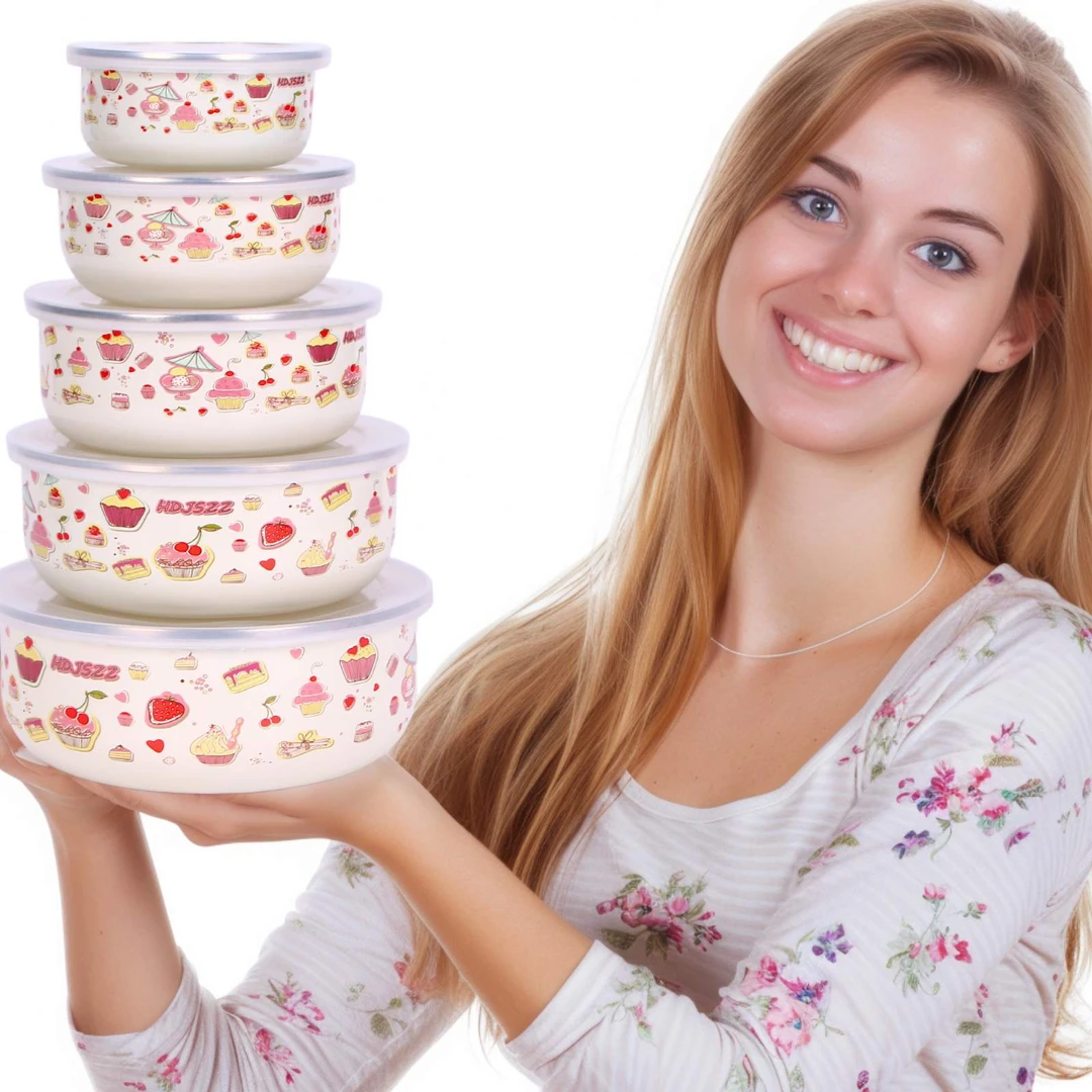 【七喜】5个装圆底冰碗芳香10-18CM珐琅搪瓷加盖保鲜碗