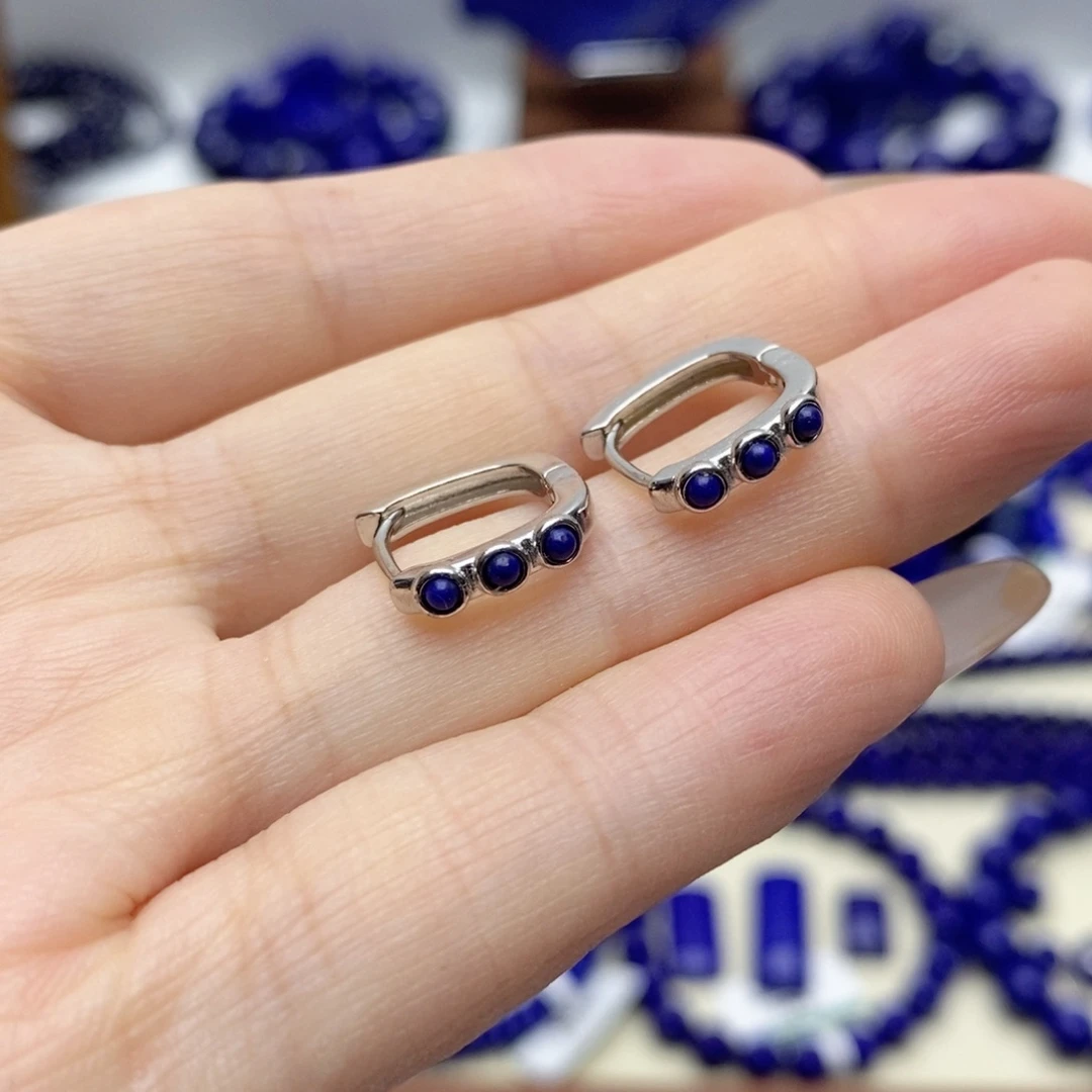 青金石银S925镶嵌耳饰