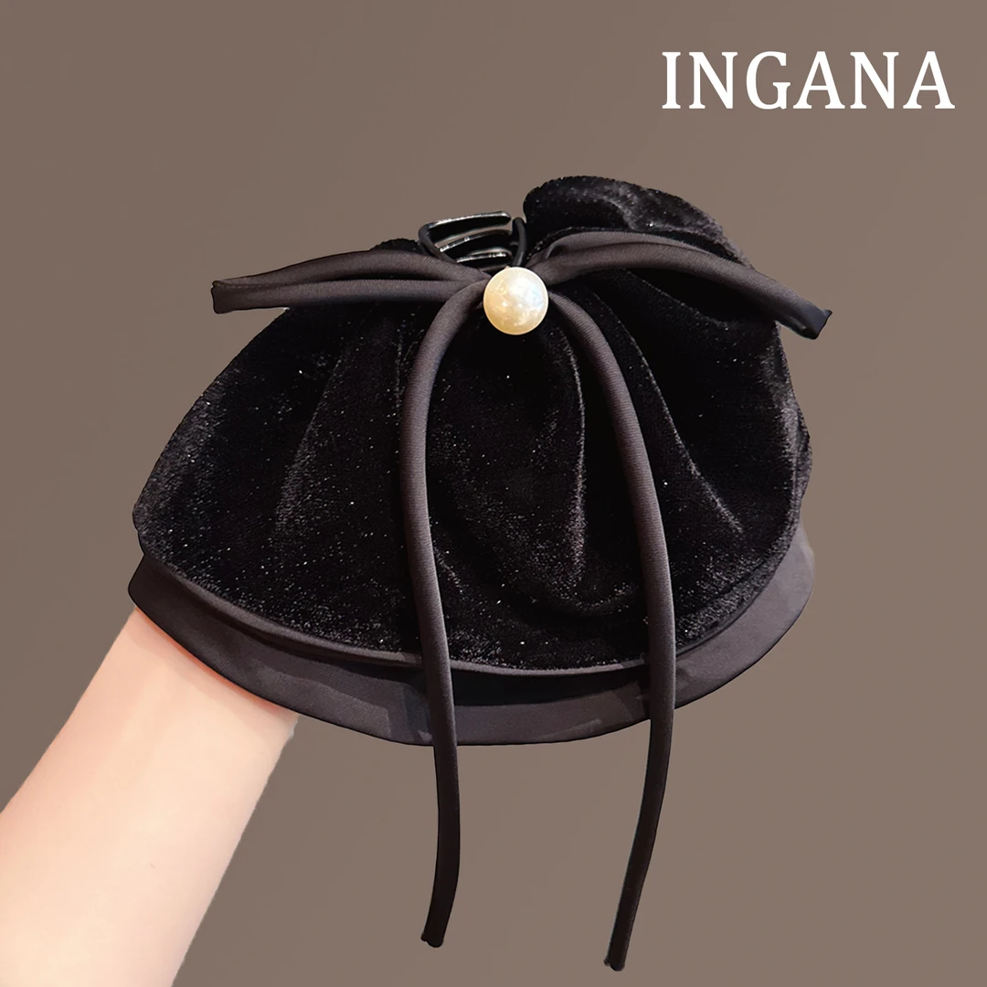 黑色丝绒蝴蝶结裙摆马尾夹女后脑勺半扎发气质发夹高级感抓夹头饰