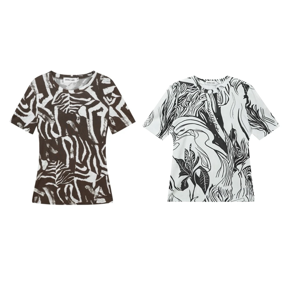 Noble.L 印花T恤圆领半袖女士休闲时尚花色百搭夏季短袖潮流