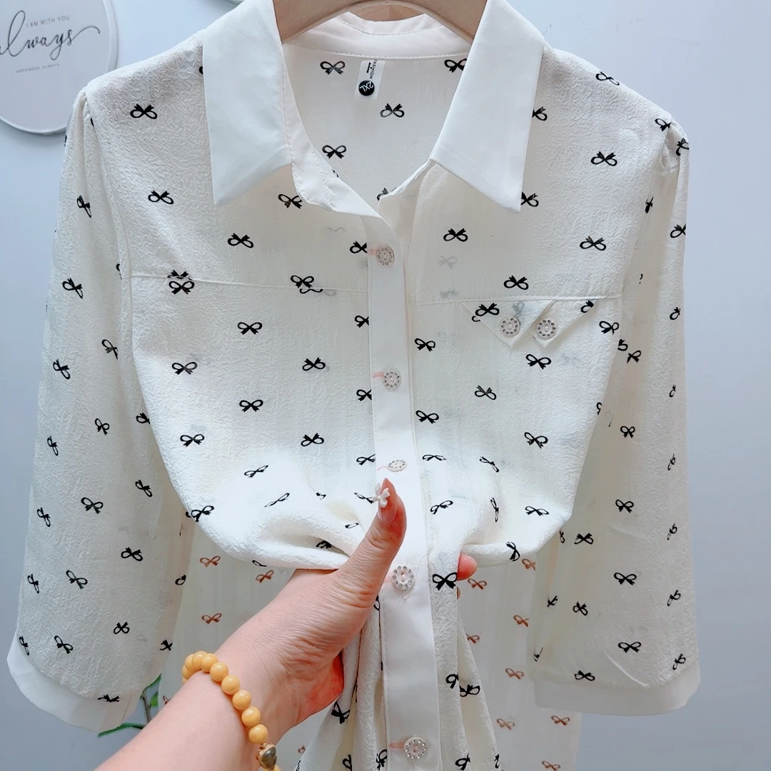 夏季新款时尚百搭显瘦印花衬衣宽松清新七分袖上衣休闲宽松衬衫女