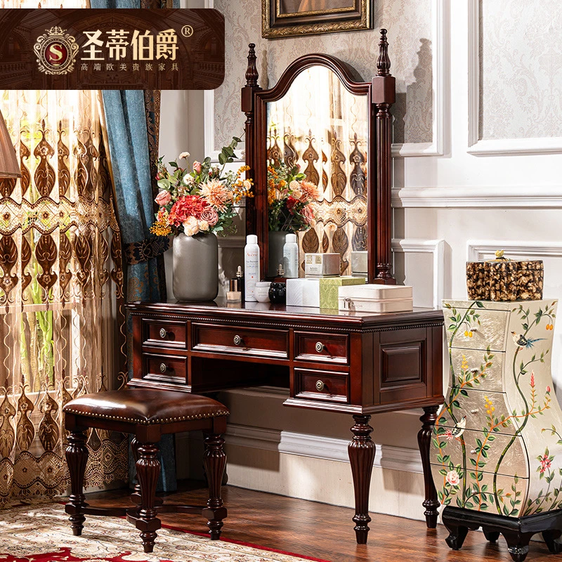 简约美式复古全实木梳妆台欧式多功能写字桌别墅高端卧室化妆桌