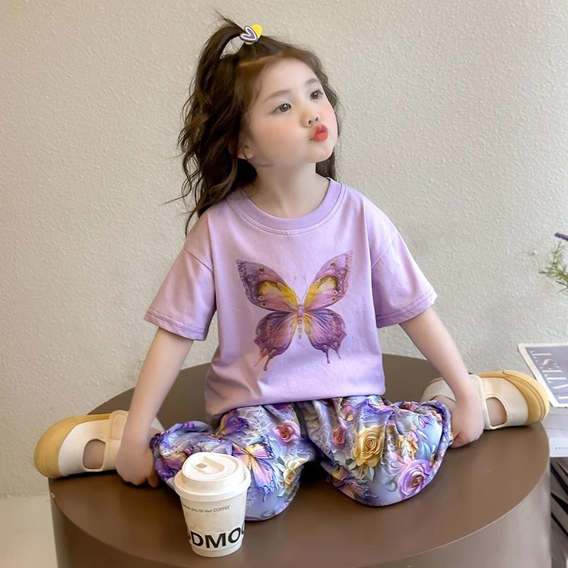 女童夏装短袖套装2025新款儿童蝴蝶t恤防蚊裤洋气夏季休闲两件套