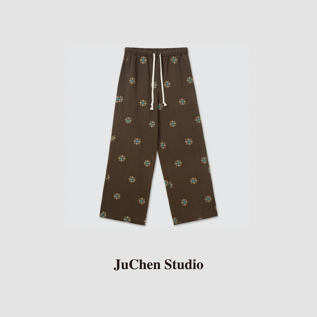 “可露丽”奈良中古几何花型刺绣抽绳小直筒九分休闲裤 SS032490-16