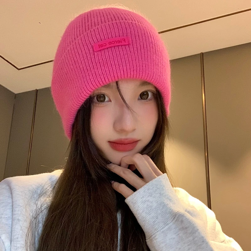 纯色针织帽女秋冬韩版百搭大头围保暖加厚毛线帽子显脸小包头帽潮