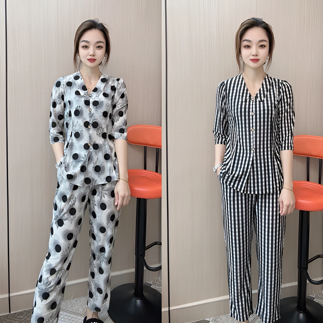 薄款春夏新款两件套气质款修身上衣加裤子女士休闲套装