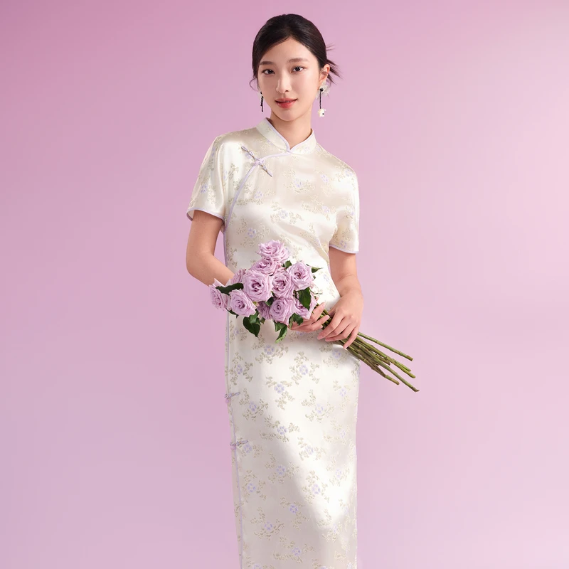 DOUBLOVE贝爱秋款【优雅新中式】复古中国风旗袍连衣裙提花含桑蚕丝