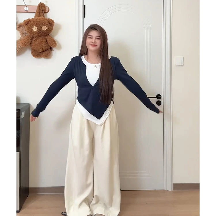 大码女装圆领拼接不规则打底衫2024春秋小众高级感遮肚子显瘦上衣