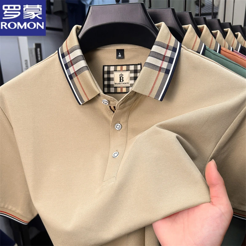 罗蒙男士夏季高端休闲透气舒适含棉半袖宽松百搭薄款亲肤翻领T恤