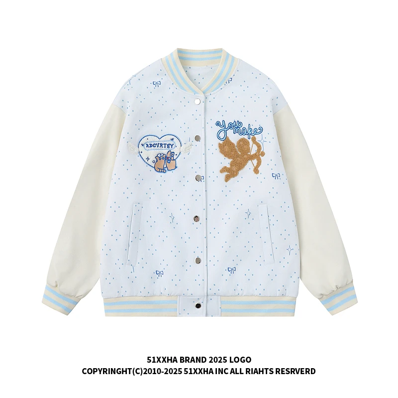 51嘻哈美式复古丘比特植绒波点棒球服夹克男女秋季宽松学院风外套