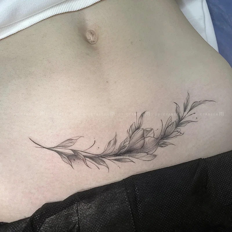 草本果汁羽毛素花纹身贴腹部妊辰纹遮疤痕防水唯美逼真半永久刺青