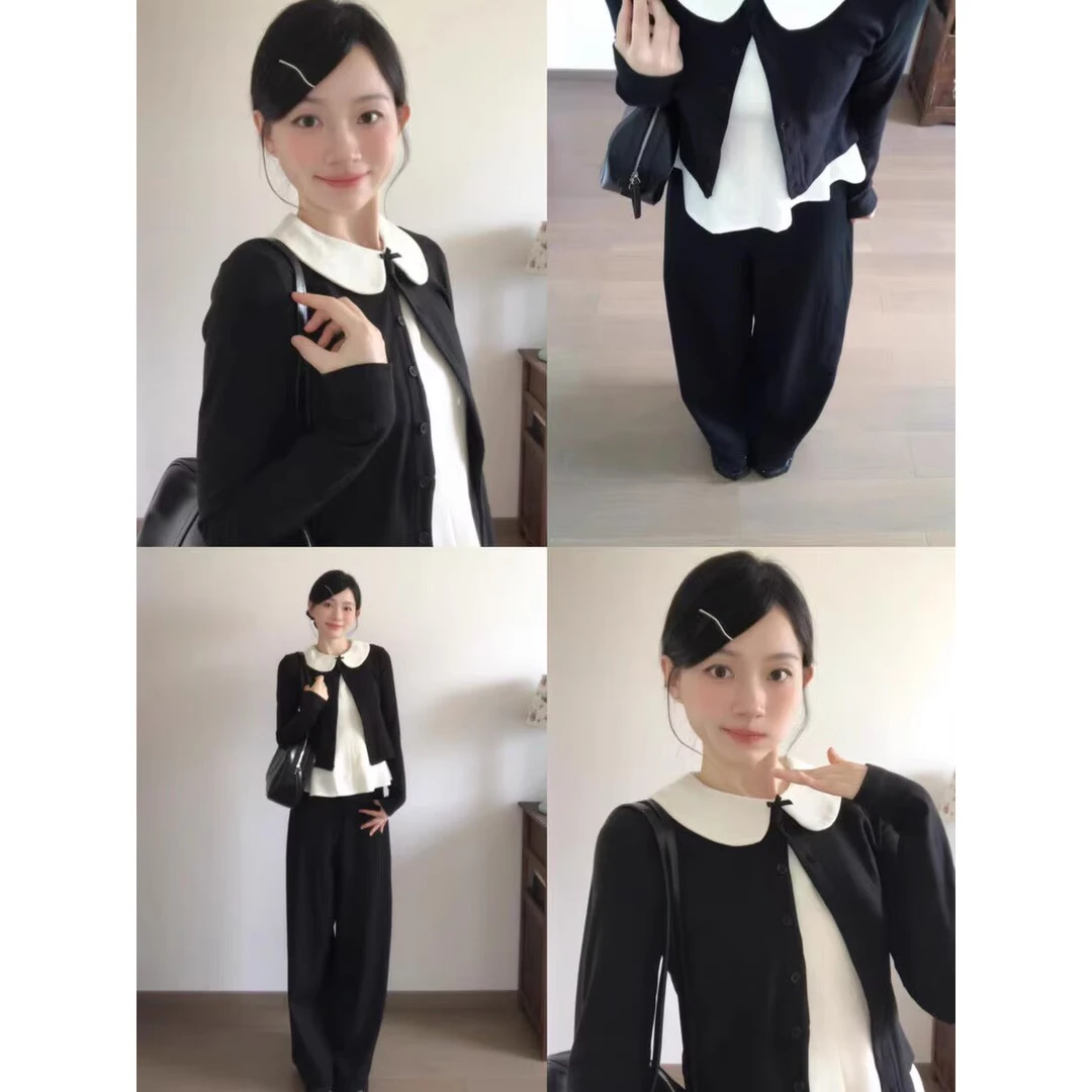 黑色针织开衫外套女2025新款爆款早秋季韩系穿搭背心上衣两件套装