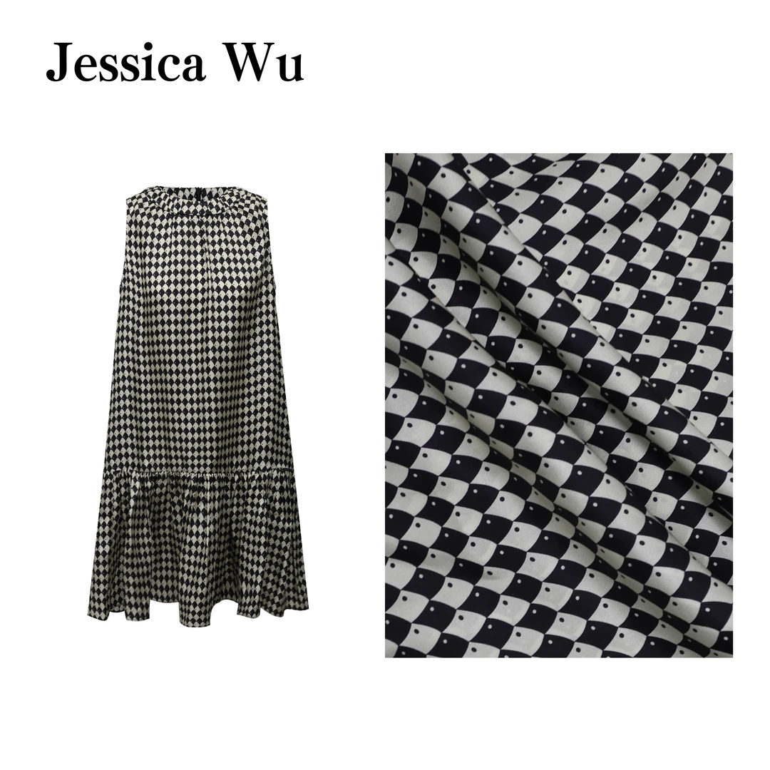 JESSICA WU城市度假风~重磅斜纹绸格子印花无袖连衣裙255902033