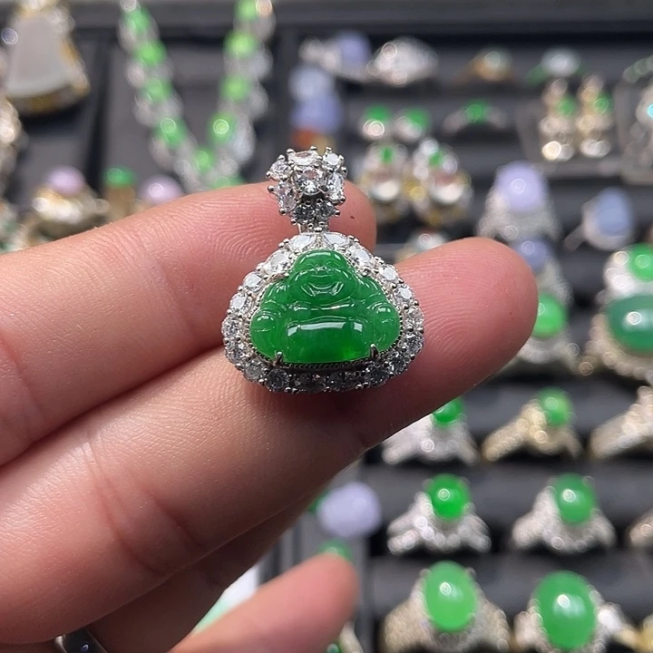 翡翠裸石冰阳绿佛红S925银镶