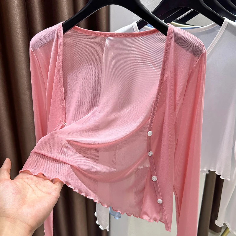 粉色木耳边网纱坎肩开衫女夏秋配裙子万能小外搭轻薄透气空调罩衫