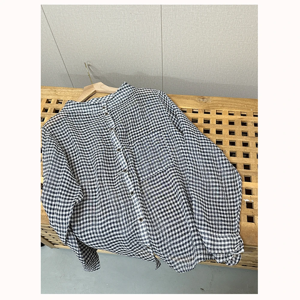 ML11731瑕疵 春夏新款宽松立领长袖女士休闲黑白格长袖衬衫