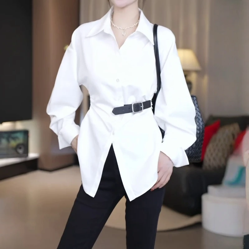 御姐女神范气质通勤长袖衬衫2025秋冬新款不规则卡扣收腰显瘦上衣