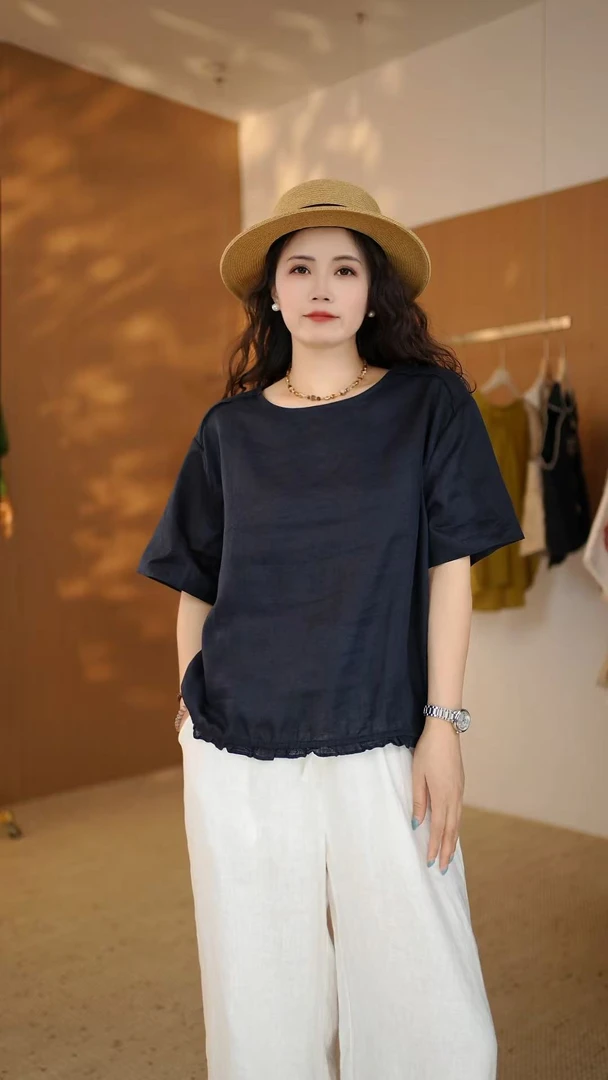 0035新款夏季宽松休闲百搭纯色亚麻短袖T恤