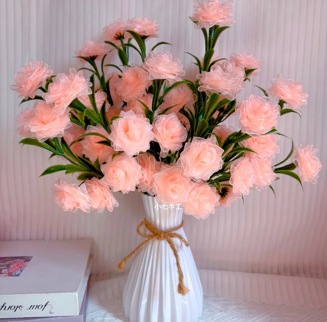 4cm彩色雪纱丝带玫瑰花束桌摆件（送麻绳折纸花瓶）