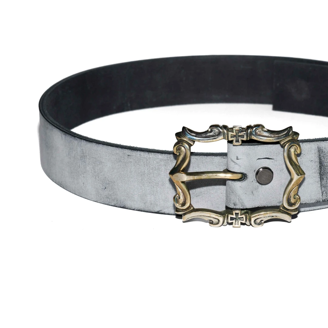 igang蜂蜡白霜白铜腰带男女凯旋门黑牛日字扣雕花十字架皮带裤带