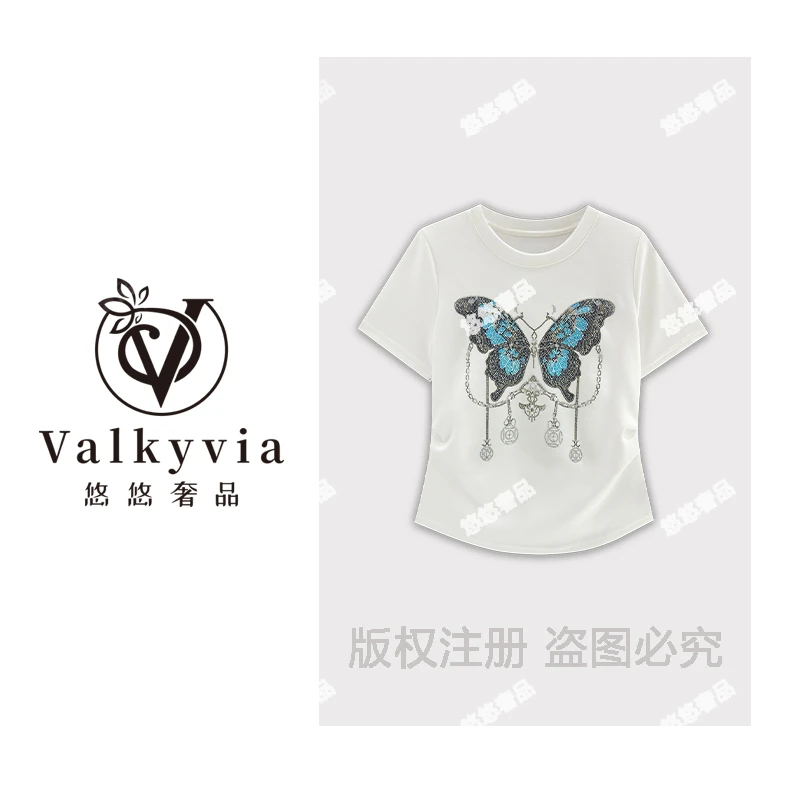 【Valkyvia/悠悠奢品】重工烫钻蝴蝶时尚圆领短袖T恤A6268