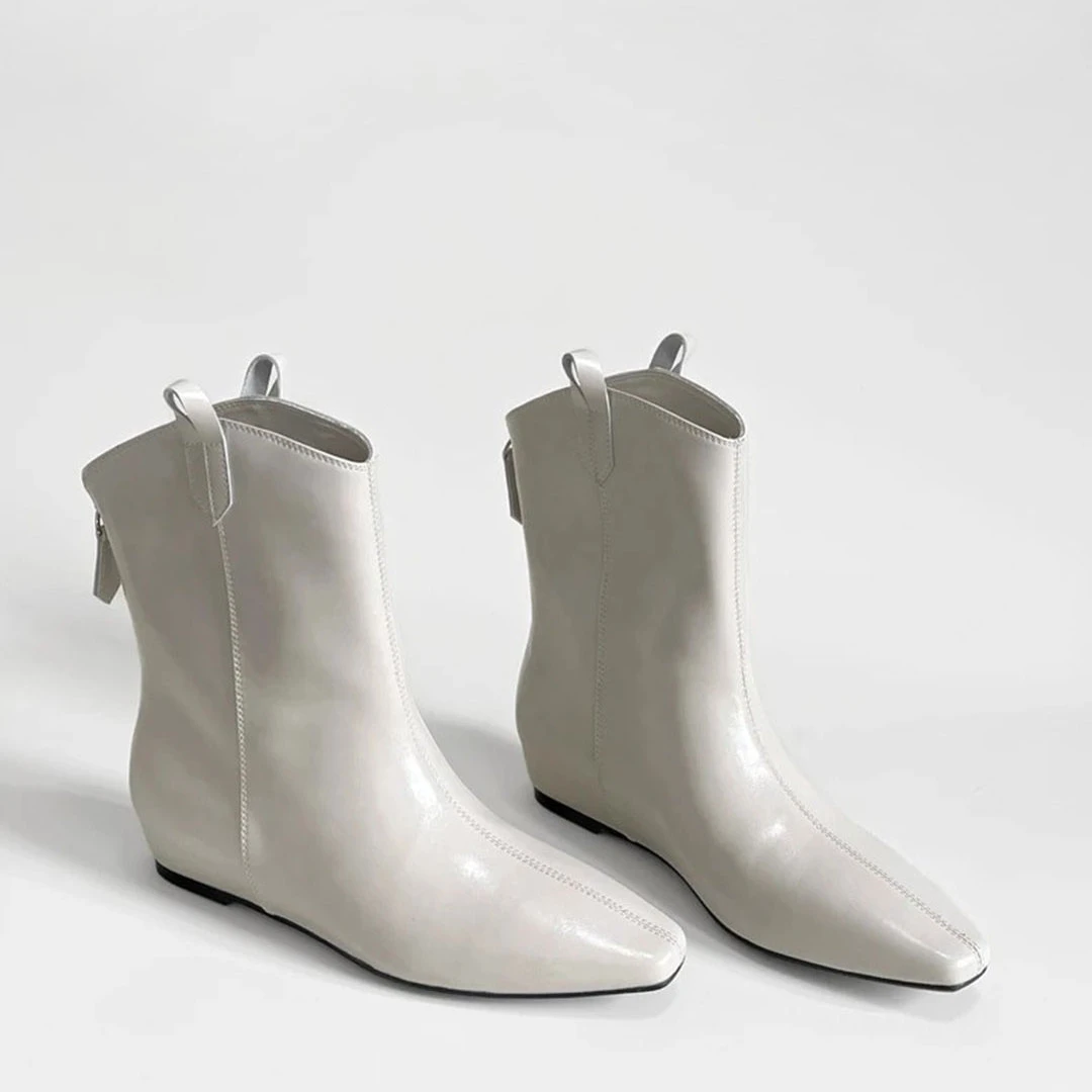 羊皮版~2025新款复古风西部短靴女v口尖头高跟马丁靴粗跟踝靴皮靴