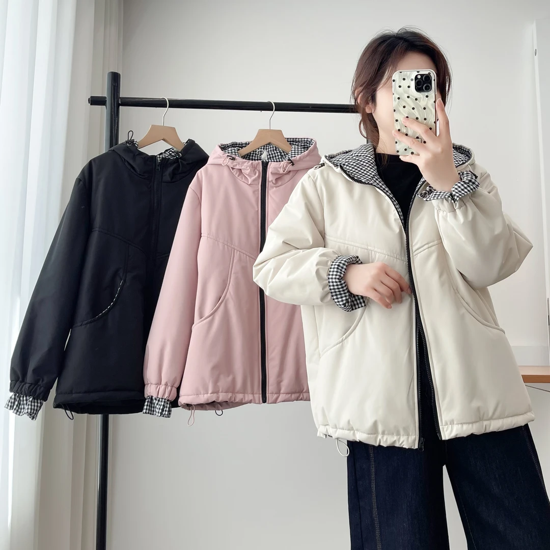 卡洛町大码女装110-200斤冬季新款时尚百搭格子拼接连帽棉衣2579